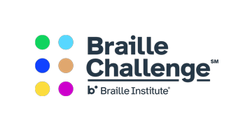 Braille Challenge logo with six mulitcolored braille dots and text reading 
